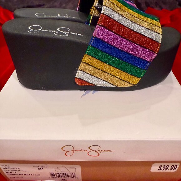 JESSICA SIMPSON MULTI RAINBOW METALLIC PLATFORM SANDALS SLIPPERS NEW WITH BOX 5 - Picture 4 of 9